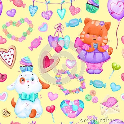 A valentineâ€™s love pattern of cute cats and dogs, hearts, sweets and ceremonial elements and decorations Stock Photo